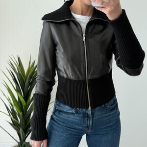 Vintage Leather Knit Jacket Womens Small Black Moto Cropped Laundry Shelli Segal